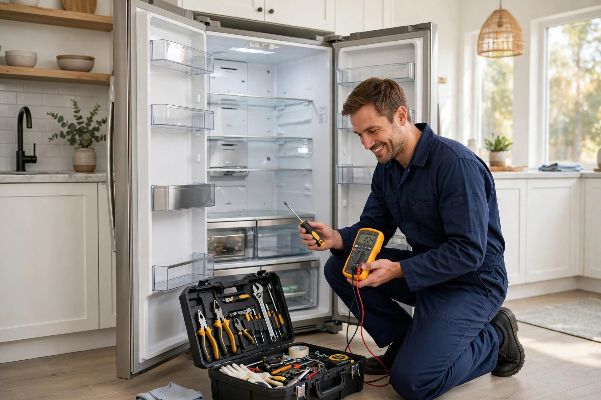 Certified CAN technician repairing a refrigerator in a Greater Toronto home